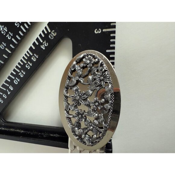 Retro Mermaid Scale Stretch Belt Size L to XL Silver Floral Buckle VTG 80s Cinch - Picture 10 of 13